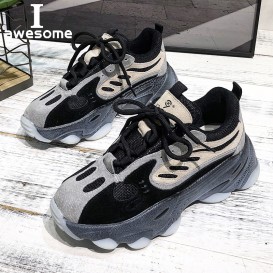 New Genuine Leather Chunky Sneakers Wome...