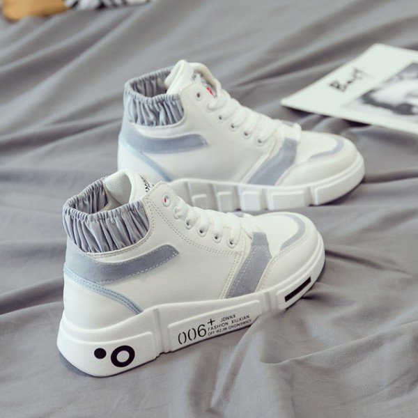 High Top Sneakers Women Split Leather Lace-Up Whit...
